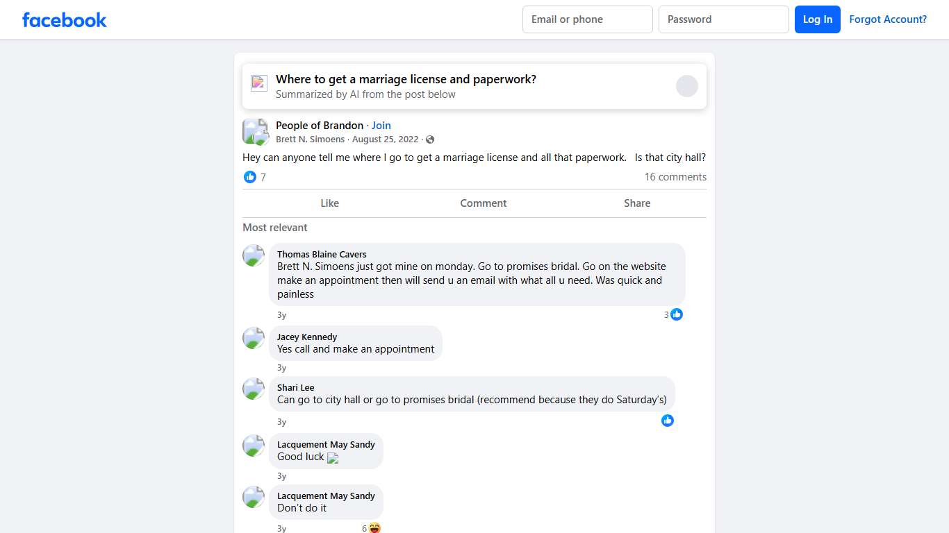 People of Brandon Hey can anyone tell me where I go to get a marriage license and all that paperwork Facebook